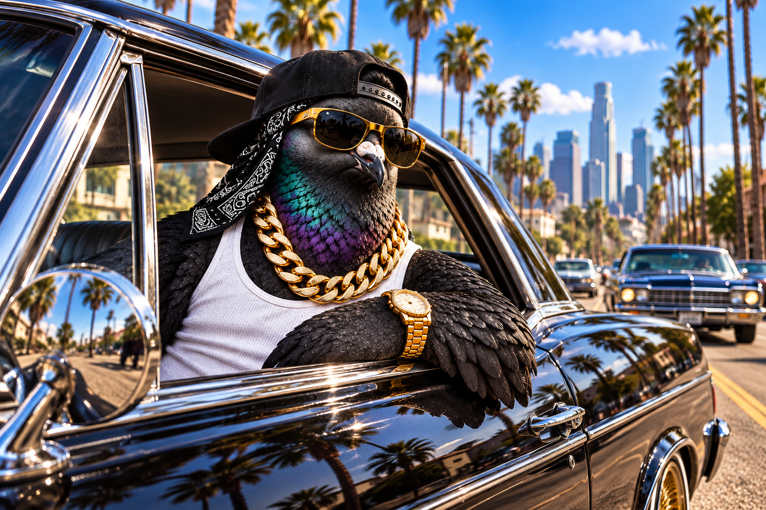 Nigeon cruising the palm-lined streets in a black lowrider