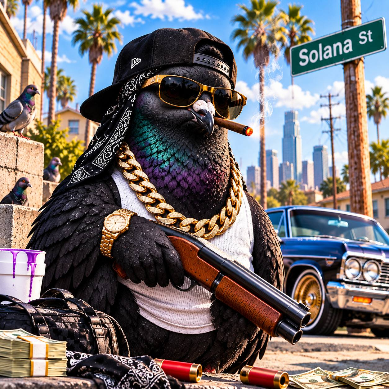 Nigeon wearing gold chains and sunglasses on a palm-lined Solana street