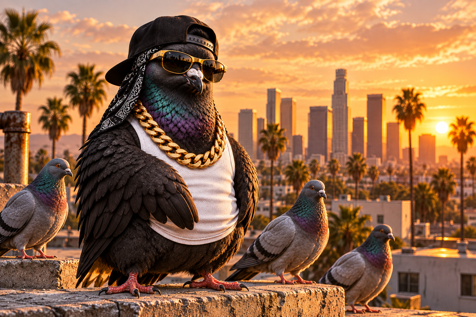 Nigeon and the flock on a Los Angeles rooftop at golden hour